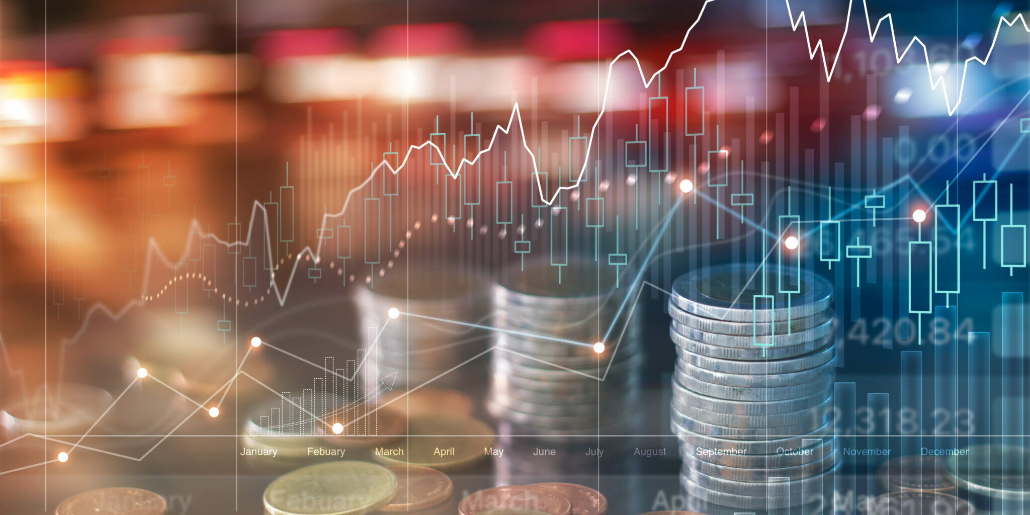 Business graph and rows of coins growth for finance and business concept, stock market and currency exchange, Abstract and symbol on colorful background.