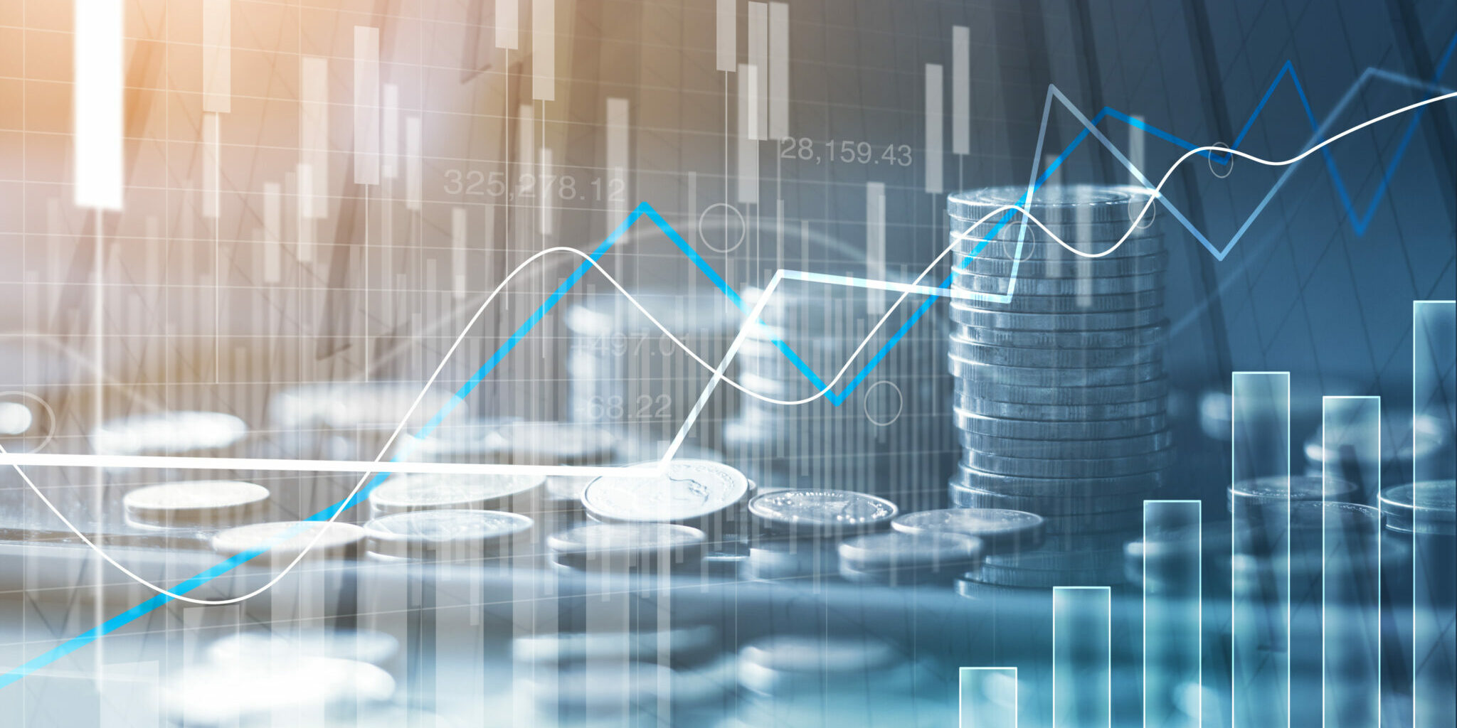 Financial stock market graph and rows of coins growth, abstract and symbol for finance concept, business investment and currency exchange, on blue background. Blogbeitrag